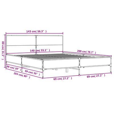 vidaXL gultas rāmis, pelēka ozola 140x200cm, inženierijas koks, metāls