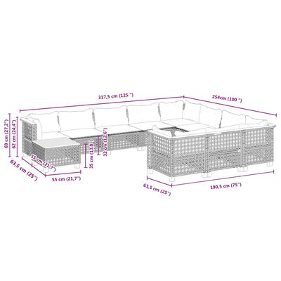 vidaXL 11-daļīgs dārza dīvāna komplekts, matrači, melna PE rotangpalma