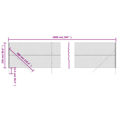 vidaXL stiepļu žogs, 2,2 x 10 m, antracītpelēks