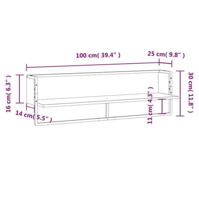 vidaXL sienas plaukts ar stieni, pelēks, 100x25x30 cm