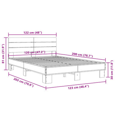 vidaXL gultas rāmis, pelēka ozola 120x200cm, inženierijas koks, metāls