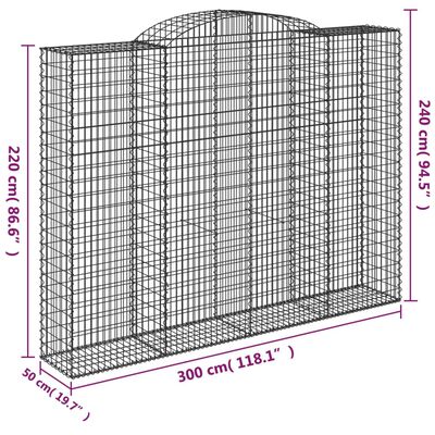 vidaXL arkveida gabiona grozi, 4 gb., 300x50x220/240cm, cinkota dzelzs