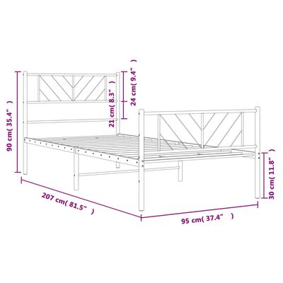 vidaXL gultas rāmis ar galvgali un kājgali, balts metāls, 90x200 cm