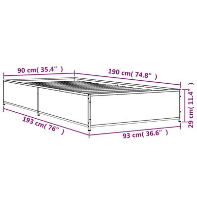 vidaXL gultas rāmis, ozola krāsā, 90x190 cm, inženierijas koks, metāls