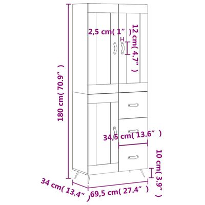 vidaXL augstais skapis, balts, 69,5x34x180 cm, inženierijas koks