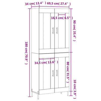 vidaXL augstais skapis, pelēks, 69,5x34x180 cm, inženierijas koks