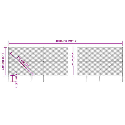 vidaXL stiepļu žogs ar zemes mietiņiem, sudraba krāsā, 1,4x10 m