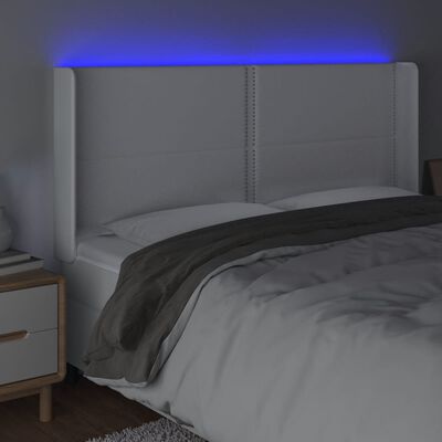 vidaXL gultas galvgalis ar LED, 183x16x118/128 cm, balta mākslīgā āda