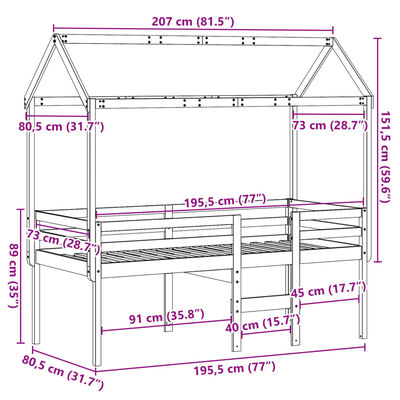 vidaXL augstā gulta ar jumtu vaska brūnas 75x190 cm priedes masīvkoks