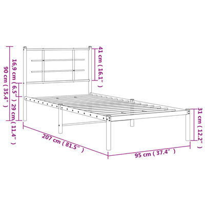 vidaXL gultas rāmis ar galvgali, balts metāls, 90x200 cm