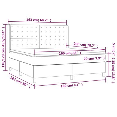 vidaXL atsperu gulta ar matraci, LED, melns samts, 160x200 cm