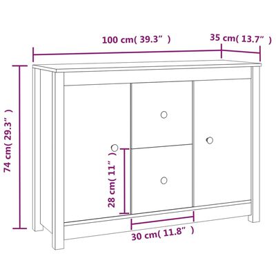 vidaXL kumode, balta, 100x35x74 cm, priedes masīvkoks