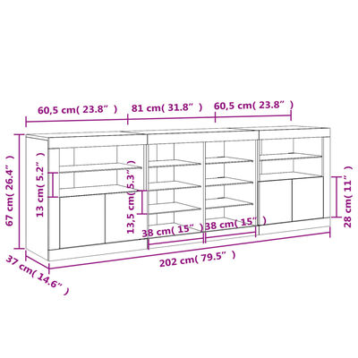 vidaXL kumode ar LED lampiņām, balta, 202x37x67 cm