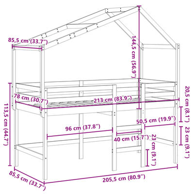 vidaXL augstā gulta ar jumtu, 80x200 cm, priedes masīvkoks