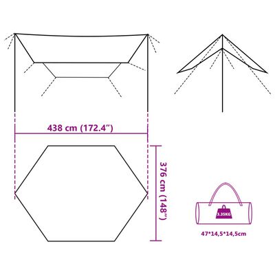 vidaXL kempinga tents, olīvu zaļa, 438x376x212 cm, ūdensizturīga