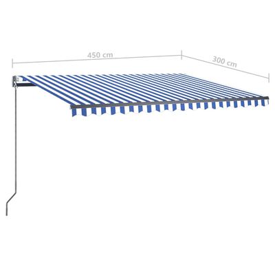 vidaXL izvelkama markīze, LED, vēja sensors, 450x300 cm, zila ar baltu