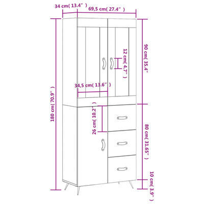 vidaXL augstais skapis, melns, 69,5x34x180 cm, inženierijas koks