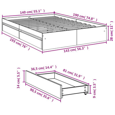 vidaXL gultas rāmis ar atvilktnēm, ozola, 140x190cm, inženierijas koks