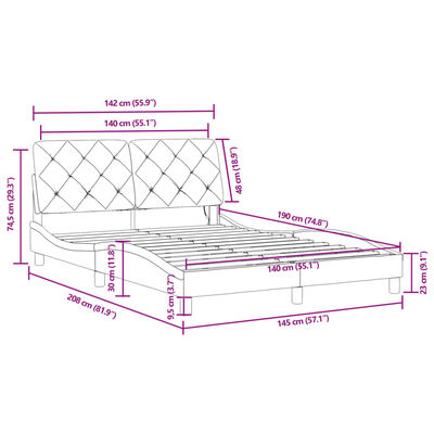 vidaXL gultas rāmis ar LED, zils samts, 140x190 cm