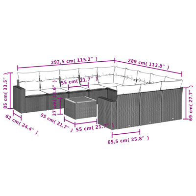 vidaXL 12-daļīgs dārza dīvānu komplekts, matrači, melna PE rotangpalma