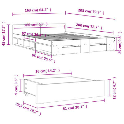 vidaXL gultas rāmis ar atvilktnēm, ozola, 160x200cm, inženierijas koks