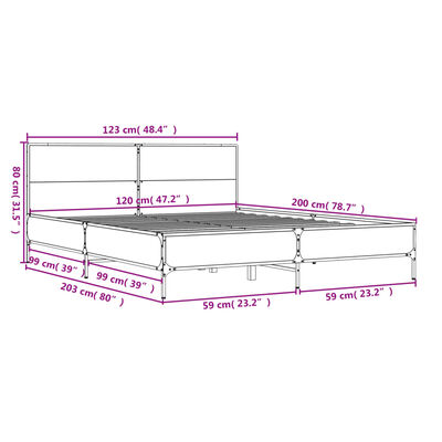 vidaXL gultas rāmis, brūna ozola, 120x200cm, inženierijas koks, metāls