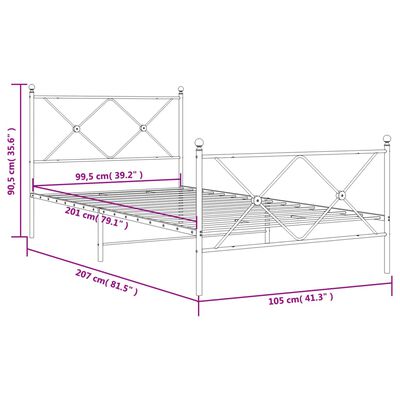 vidaXL gultas rāmis ar galvgali un kājgali, balts metāls, 100x200 cm