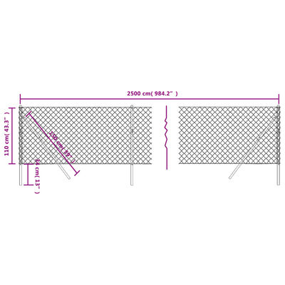 vidaXL stiepļu žogs, 1,1x25 m, pelēks