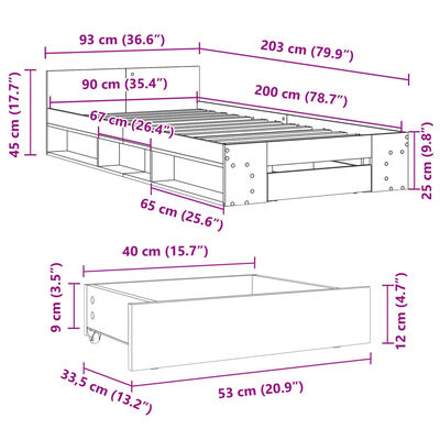 vidaXL gultas rāmis ar atvilktni, ozola, 90x200 cm, inženierijas koks