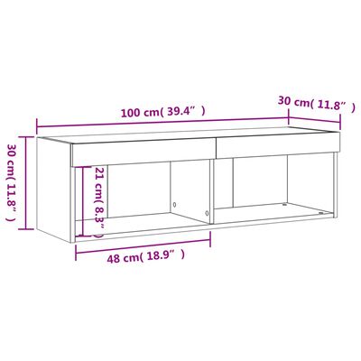 vidaXL TV skapītis ar LED lampiņām, ozolkoka krāsa, 100x30x30 cm