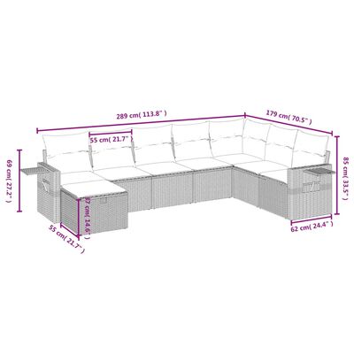 vidaXL 8-daļīgs dārza dīvāna komplekts ar matračiem, pelēks PE pinums