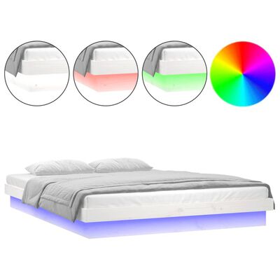 vidaXL gultas rāmis, LED, balts, 200x200 cm, priedes masīvkoks