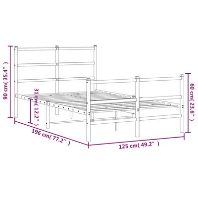 vidaXL gultas rāmis ar galvgali un kājgali, balts metāls, 120x190 cm