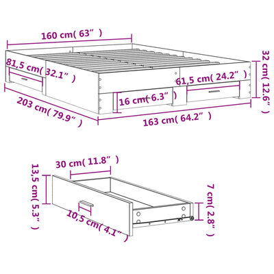 vidaXL gultas rāmis ar atvilktnēm, ozola, 160x200cm, inženierijas koks