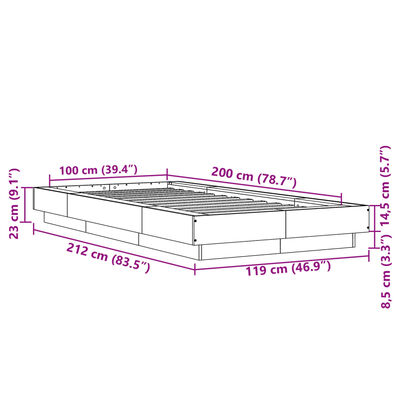 vidaXL gultas rāmis ar LED, betona pelēks,100x200cm, inženierijas koks