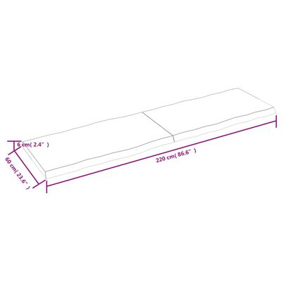 vidaXL galda virsma, gaiši brūna, 220x60x(2-6)cm, ozola masīvkoks