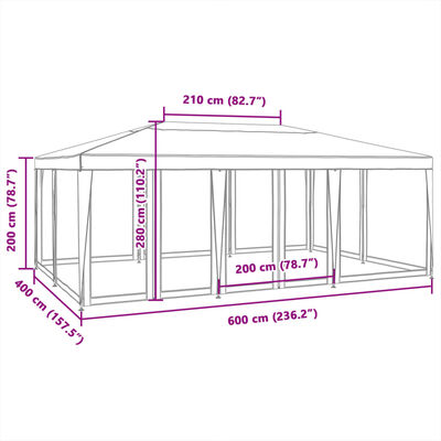 vidaXL svinību telts, ar 10 sieta sienām, 6x4 m, balta, HDPE