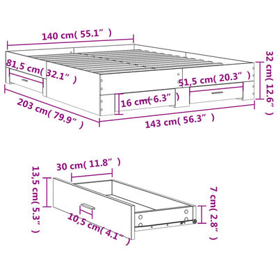 vidaXL gultas rāmis ar atvilktnēm, ozola, 140x200cm, inženierijas koks