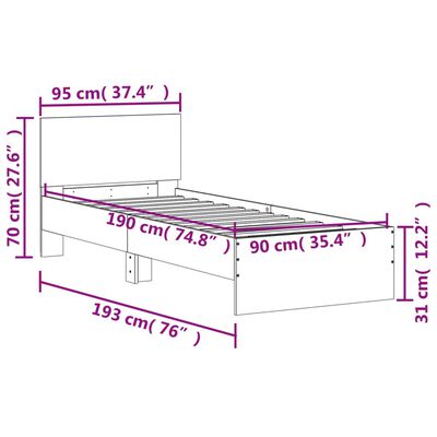 vidaXL gultas rāmis ar galvgali un LED, pelēka ozola, 90x190 cm