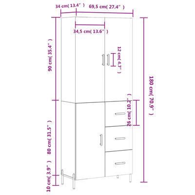 vidaXL augstais skapis, balts, 69,5x34x180 cm, inženierijas koks