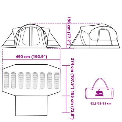 vidaXL ģimenes telts, tipi, 8 personām, pelēka, ūdensnecaurlaidīga