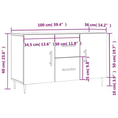 vidaXL kumode, pelēka ozolkoka krāsa, 100x36x60 cm, inženierijas koks