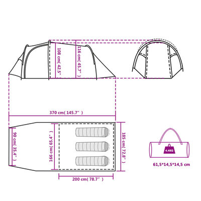 vidaXL kempinga telts tuneļa 3personām balta ūdensnecaurlaidīga audums