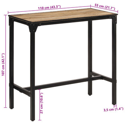 vidaXL bāra galds, 110x55x107 cm, neapstrādāts mango masīvkoks