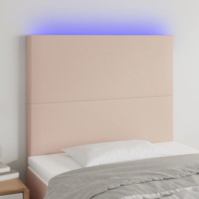 vidaXL gultas galvgalis ar LED, 80x5x118/128cm, kapučīno mākslīgā āda