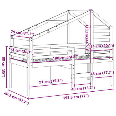 vidaXL augstā gulta ar jumtu, 75x190 cm, priedes masīvkoks