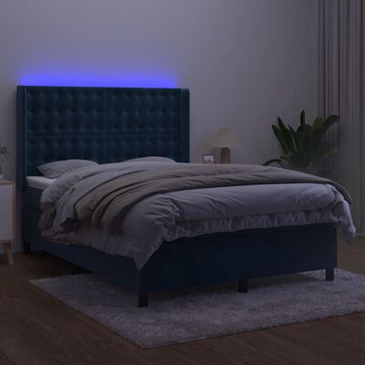 vidaXL atsperu gulta ar matraci, LED, tumši zils samts, 140x190 cm