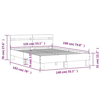 vidaXL gultas rāmis ar galvgali un LED, brūna ozola, 135x190 cm