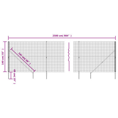 vidaXL stiepļu žogs ar zemes mietiņiem, zaļš, 1,4x25 m