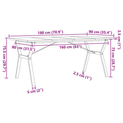 vidaXL virtuves galds, Y-rāmis, 180x90x75,5 cm, priedes koks, čuguns